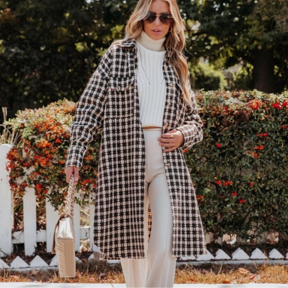 VICI Womens Florence Houndstooth Pocketed Long Line Shacket size XL NWT